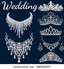 Illustration set of jewelry for wedding. Tiaras, necklaces and earrings