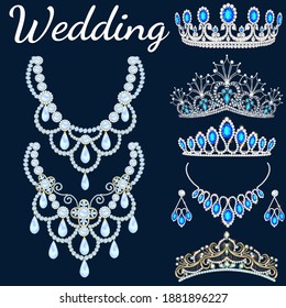 Illustration set of jewelry for wedding. Tiaras, necklaces and earrings