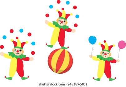 Illustration set of a juggling clown and a clown holding balloons