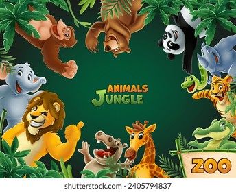 illustration set of jungle cartoon zoo animals with plants