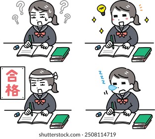 Illustration set of junior high school girls studying