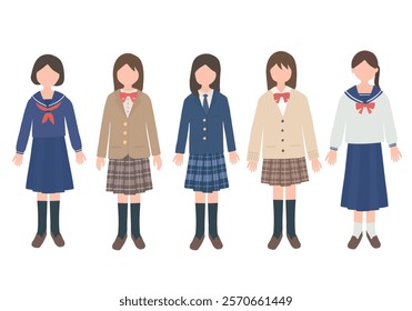 Illustration set of junior high and high school girls wearing uniforms