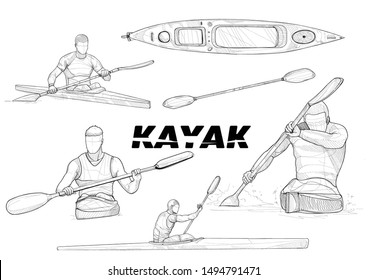 Illustration Set Of A Kayak. Drawing Vector Style. Sport Background. Sport Sketch