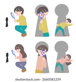 Illustration set of a keyhole and a young man and woman Illustrations for problem solving and solving puzzles
