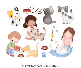 Illustration set of Kids and Cats