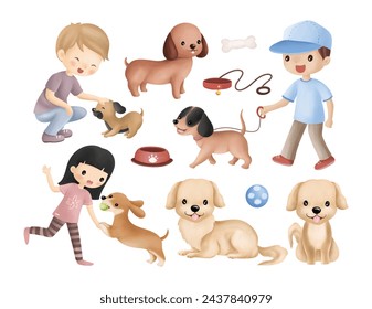  Illustration set of Kids and Dogs