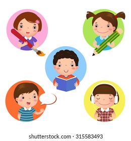 Illustration Set Of Kids Mascot Learning. Icon For Writing, Drawing, Reading, Speaking And Listening