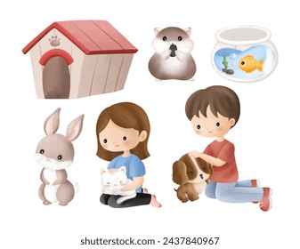 Illustration set of Kids with Pets