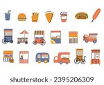 Illustration set of kitchen car and concession and refreshments Comical hand-drawn figure vector, color on line drawing
