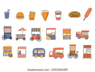 Ilustración conjunto de coches de cocina y concesión y refrescos Cómico vector gráfico a mano, color en el dibujo de línea