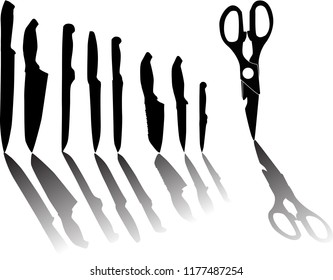illustration with set of kitchen knifes isolated on white background