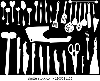 illustration with set of kitchen knifes isolated on black background