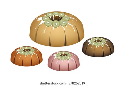 Illustration Set of Kiwi Bundt Cake or Traditional Big Round Banana Cake with Hole Inside and Mirror Glaze Coatingfor Holiday Dessert Isolated on White Background.
