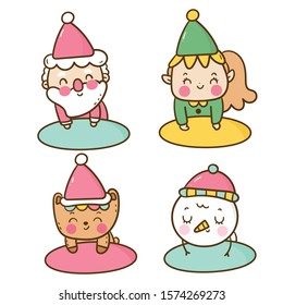 Illustration set of label Christmas character cartoon winter, santa vector, bear, elf, snowman: Kawaii animal, Happy New year festival snow season: Perfect kid greeting card, t-shirt print.