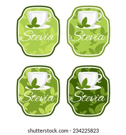 Illustration of set label  with cup with leaf stevia. vector