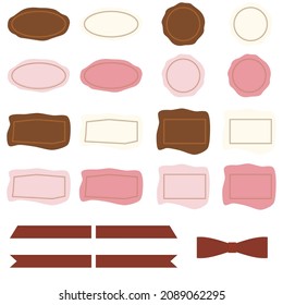 Illustration of a set of labels and ribbon parts in four different shapes in four different colors.