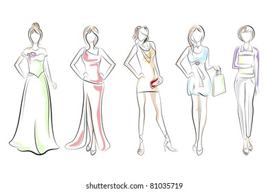 illustration of set of lady in different style dresses