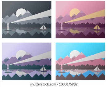 Illustration set with landscape. Flat abstract mountains. Lighthouse and sailing ship on the water.
