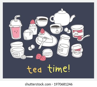 illustration set of Large tea set. Teapots, hand-drawn cups. Sweets, candies, cookies, cake. Breakfast, tea cup party. Vector flat image on a solid background