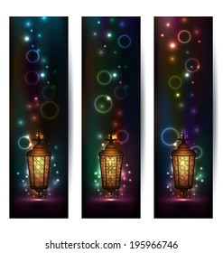 Illustration set light banners with arabic lantern - vector