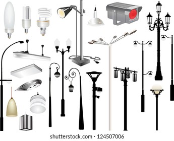 illustration with set of lighting equipment isolated on white background