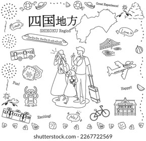 It is an illustration of a set (line drawing black and white) of icons for a family of three who enjoy summer specialty sightseeing in the Shikoku region of Japan.