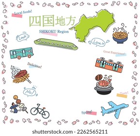It is an illustration of a set (line drawing) of icons of spring gourmet tourism in the Shikoku region of Japan.