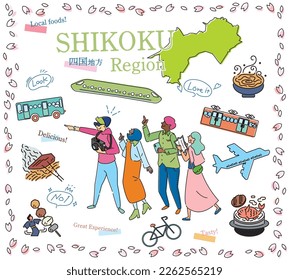 It is an illustration of a set (line drawing) of icons for tourists who enjoy spring gourmet sightseeing in the Shikoku region of Japan.