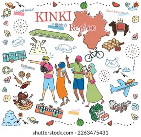 It is an illustration of a set (line drawing) of icons for tourists who enjoy summer gourmet sightseeing in the Kinki region of Japan.