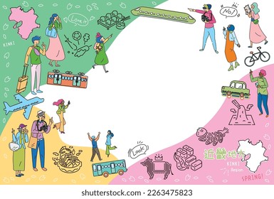 It is an illustration of a set (line drawing) of icons, tourists who enjoy spring gourmet sightseeing in the Kinki region of Japan.