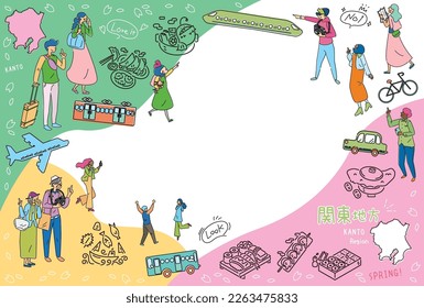 It is an illustration of a set (line drawing) of icons, tourists enjoying spring gourmet sightseeing in the Kanto region of Japan.