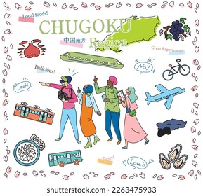 It is an illustration of a set (line drawing) of icons, tourists enjoying spring gourmet sightseeing in the Chugoku region of Japan.