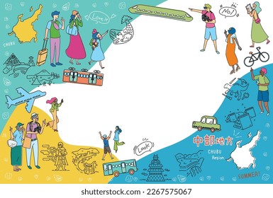 It is an illustration of a set (line drawing) of icons, tourists enjoying summer specialty sightseeing in the Chubu region of Japan.