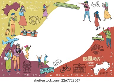 It is an illustration of a set (line drawing) of icons for tourists who enjoy autumn specialty sightseeing in the Shikoku region of Japan.