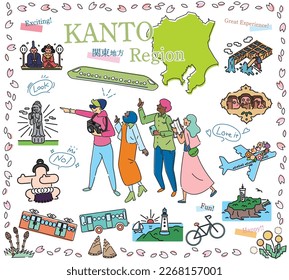 It is an illustration of a set (line drawing) of icons, tourists enjoying spring famous place sightseeing in the Kanto region of Japan.