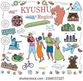 It is an illustration of a set (line drawing) of icons, tourists enjoying summer specialty tourism in the Kyushu region of Japan.