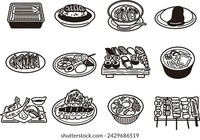 Illustration set (line drawing) of Japanese food menus popular with tourists coming to Japan