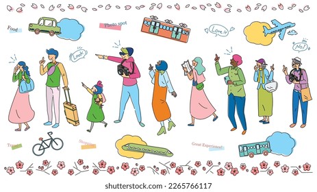 It is an illustration of a set (line drawing) of a wide variety of people and vehicles of all ages who enjoy sightseeing in spring.