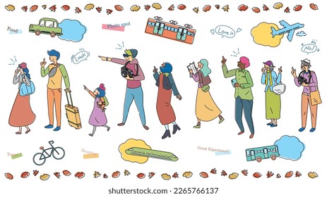 It is an illustration of a set (line drawing) of a wide variety of people and vehicles of all ages who enjoy sightseeing in autumn.