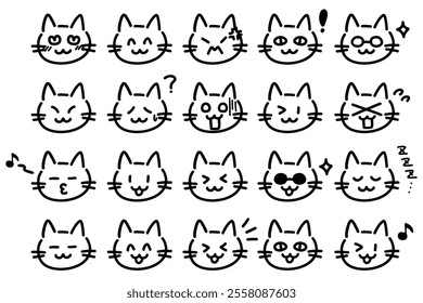 Illustration set of line drawings of cats with various expressions