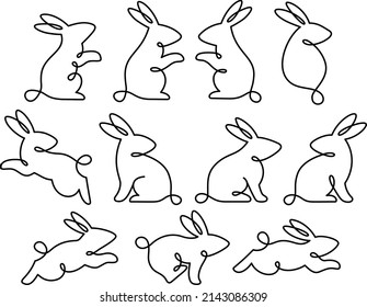 Illustration set of line drawings of rabbits in various poses