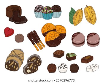 Illustration set of line drawings of various types of chocolate