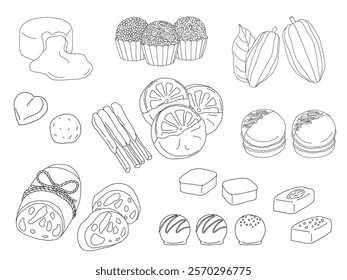 Illustration set of line drawings of various types of chocolate