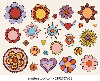 Illustration of a set of linear stickers with floral elements in the style of the 70s. Daisies, daisies, smileys, hearts, stars. Isolated objects on a plain background.