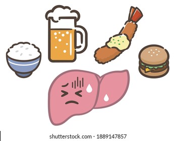 Illustration set of liver weakened by overdrinking and eating too much