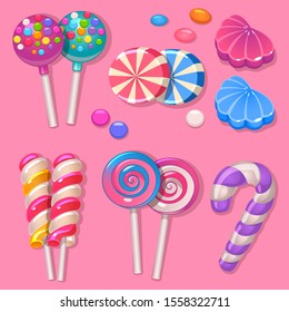 Illustration of Set of lollipops on stick, candies and jelly on pink background