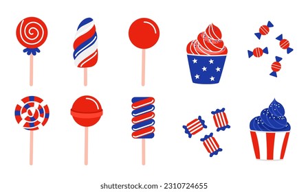 Ilustración de un conjunto de copas, dulces y quequitos en rojo, blanco y azul en un estilo plano. Dulces para el Día de la Independencia de Estados Unidos