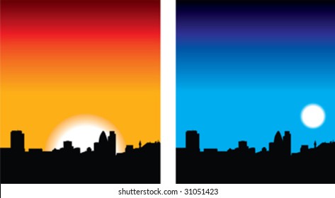 illustration set of london skyline at night and day