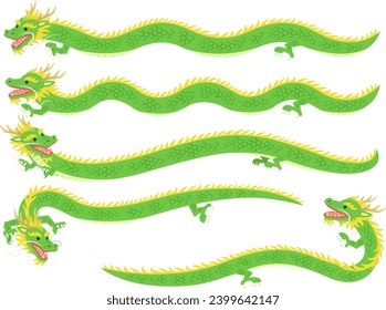 Illustration set of long green dragons