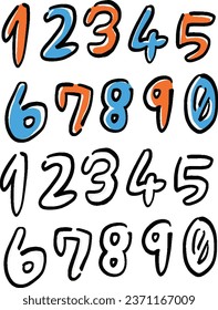 Illustration set of loose hand-drawn numbers (colored and line drawing)
